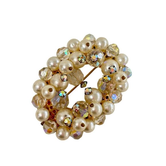 Vintage Brooch Aurora Borealis Beads Faux Pearls Oval 2" - Picture 6 of 6
